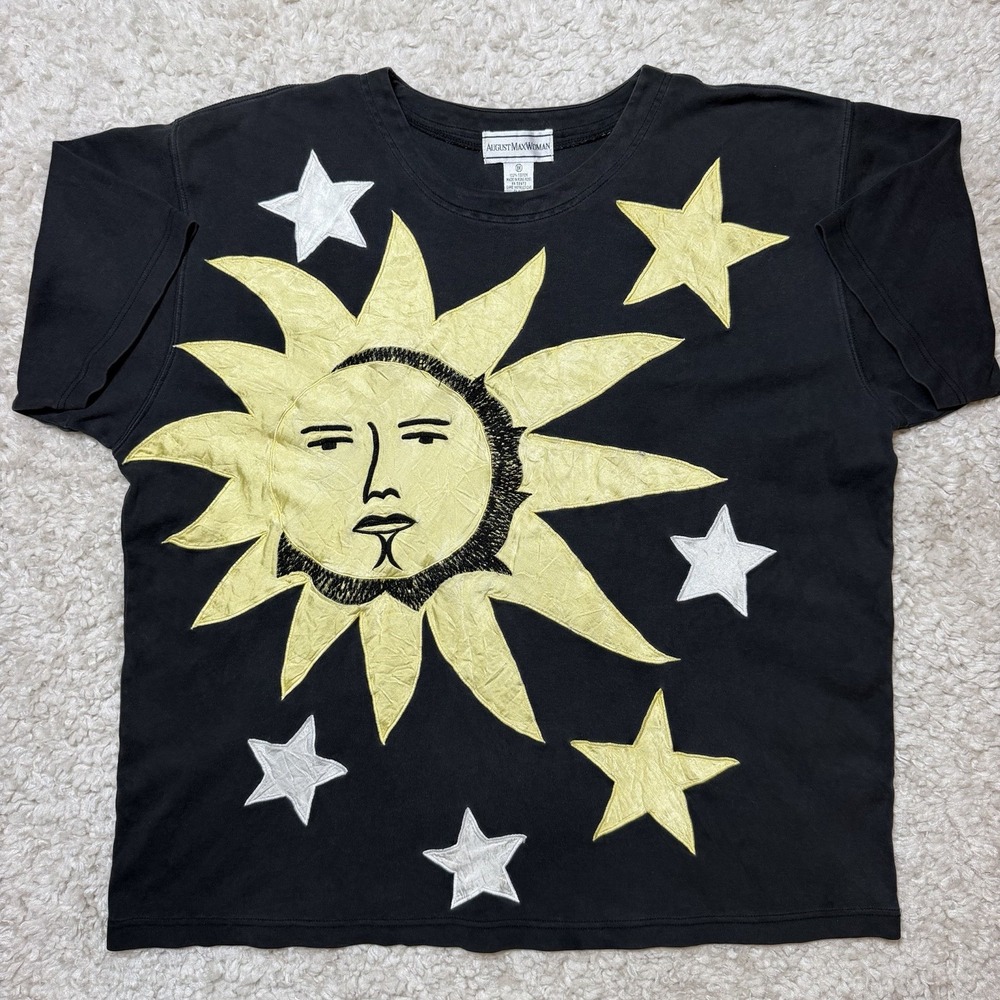 VTG 90s Celestial Sun Stars Applique Art Tee Oversized 1X Boho Grunge Goth Art
